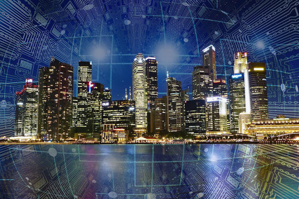 City Skyline mit einem technischen Hintergrund - smart buildings